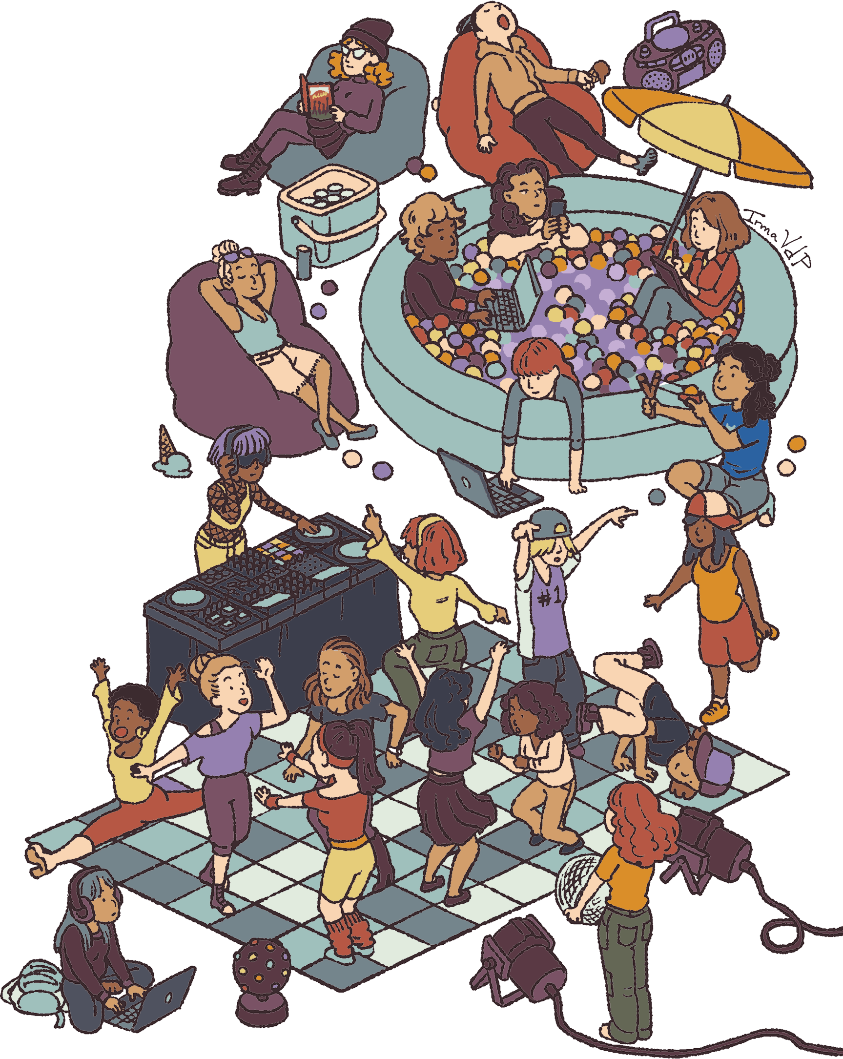 Illustration of HuddleHive attendees relaxing in a ball pit, dancing and chatting